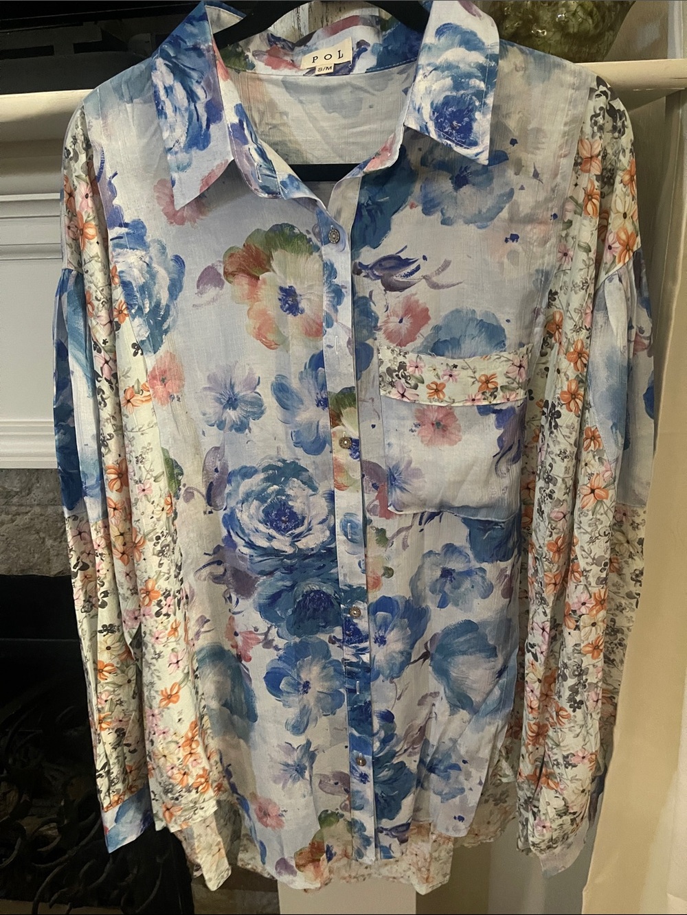 POL Watercolor Floral Blue, White & Pink Long-Sleeve Button-Down Shirt- S/M —NEW